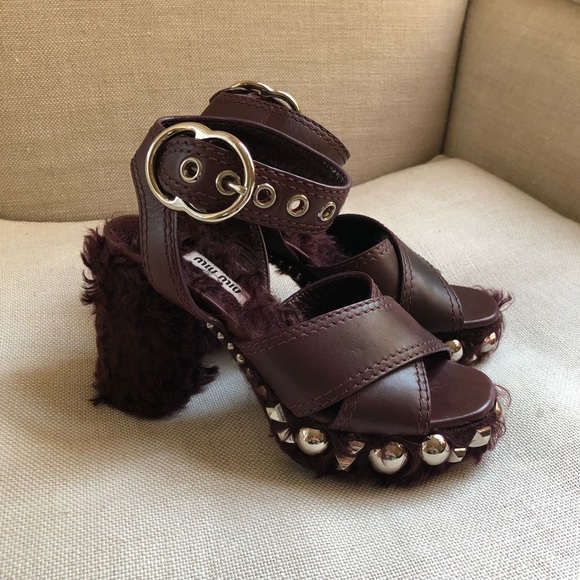 MIU MIU Platform Sandals Platform Studded Faux Shearling US 5 EUC - Picture 3 of 11